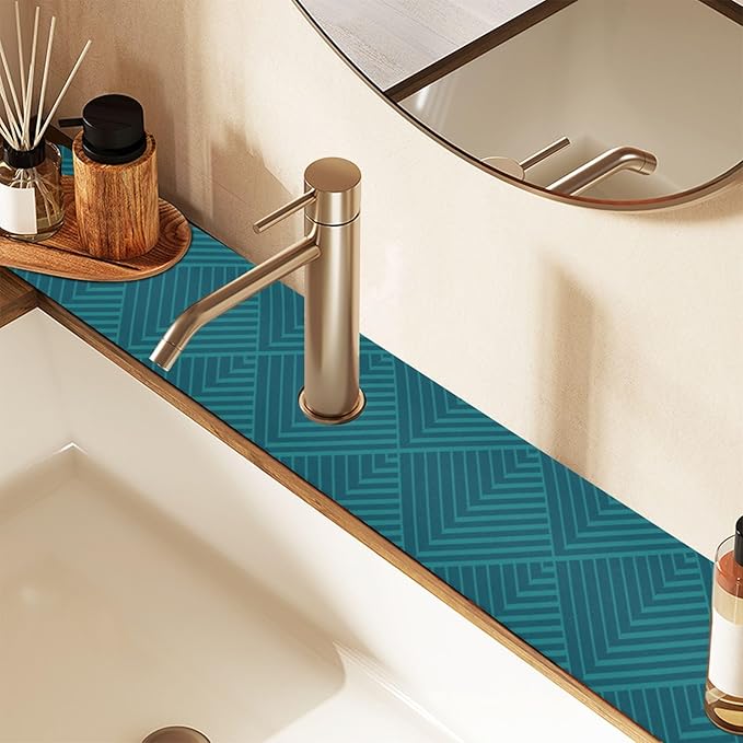 Kitchen Sink Splash Guard 1 PC 14.7 Inch Sink Faucet Mat Splash Guard for Bathroom Countertop Water Absorbent Foldable Cuttable Soft Washable Dark Green Geometric Art
