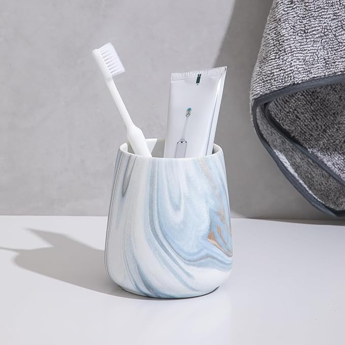Marble Blue Toothbrush Holder for Bathroom - Ceramic Tooth Brushing Holders, Toothbrush Cup, Toothpaste Organizer for Bathroom Countertop, Makeup Brush Holder, Pen Holder for Home Desktop Storage