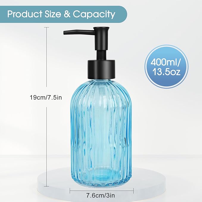 2 Pack Stripe Glass Soap Dispenser with Black Plastic Pump, 400ml Liquid Hand Soap Dispenser, Rustproof Pump for Kitchen & Bathroom, Great for Lotions, Essential Oil, Liquid Soaps- (Light Blue)