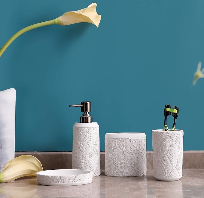 Hymmah Bathroom Accessories Set,Toothbrush Holder,Farmhouse Decor,4 Pcs Resin Gift Apartment Necessities, Contain Toothbrush Cup,Soap Dispenser & Dish,Tumbler