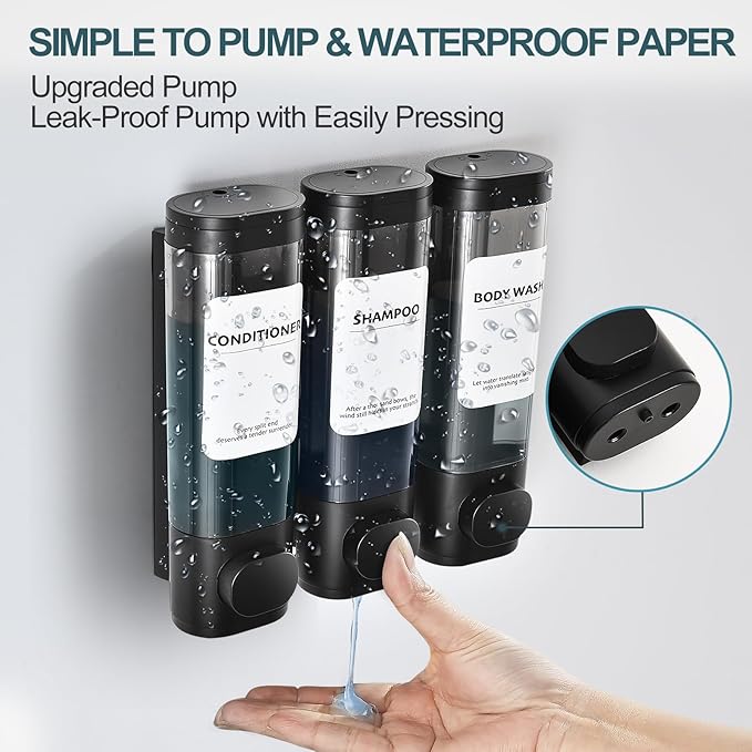 3 Pack Shampoo and Conditioner Dispenser, Shower Soap Dispenser 3 Chamber No Drill Wall-Mounted, Body Wash and Shower Dispenser Set for Shower Wall, Elegant Large Capacity for Bathroom Hotel, Black
