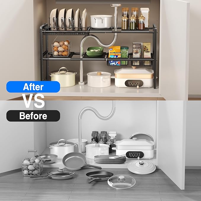 Pots and Pans Organizer Under Cabinet, Expandable 2 Tier Under Sink Organizers Storage Adjustable Height Kitchen Pot and Pan Lid Holder Rack with 6 Dividers(4panels,2baskets,1 Pot rack,Black)