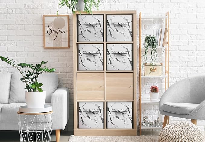 Sorbus Collapsible Storage Bins - 11" Sturdy Foldable Fabric Storage Cubes with Handle - 4 White Marble Organization and Storage Baskets for Organizing Pantry, Closet, Nursery, Dorm, Toy Storage