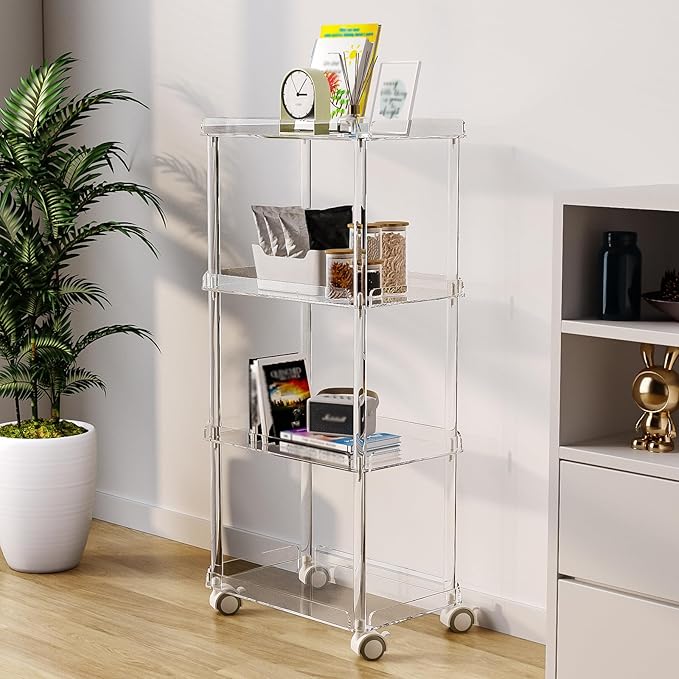 AQUIVER Acrylic Slim Storage Cart - 4 Tiers Narrow Rolling Cart - Utility Cart for Kitchen, Bathroom, Living Room, Laundry - 15.6 '' L x 10.2 '' W x 33.9 '' H