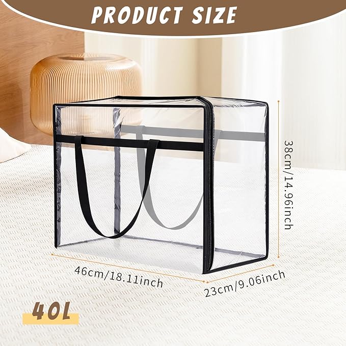 40L Clear Storage Bags Plastic Blanket Storage Bag Foldable Moving Organizers Containers with Zipper for Bedding Blanket Clothes Under Bed Holder - 2 Pcs