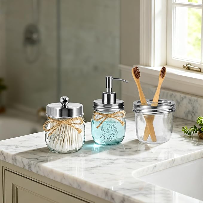 Amolliar Mason Jar Bathroom Accessories Set 4 Pcs -Lotion Soap Dispenser & 2 Qtip Holders & Toothbrush Holder - Rustic Farmhouse Decor, Bathroom Home Decor (Brushed Nickel)