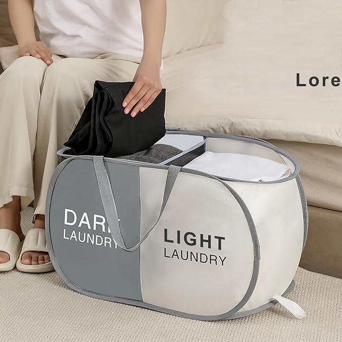 Collapsible Pop Up Laundry Hamper 2 Section, Folding Cloth Hamper Sorter Basket Organizer for Bedroom, Laundry Room, Dorm
