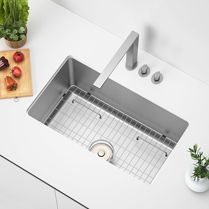 Stainless Steel Sink Grid and Protectors for Bottom of Kitchen Sink, 26" X 14 1/16" Sink Bottom Grid with Rear Drain for Single Sink Bowl (26" X 14 1/16")