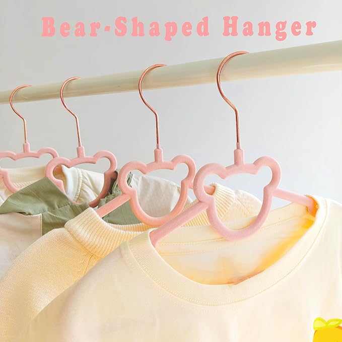 60 Pack Pink Velvet Baby and Kids Clothes Hangers - 12.6in for Ages 4-10, with Cute Bear, Rotating Rose Gold Hook, Non-Slip, Space-Saving Slim Felt Hangers for Toddler Coats, Jackets, Dresses
