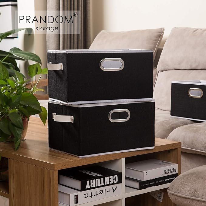 PRANDOM Larger Collapsible Storage Bins for Closet [3-pack] Decorative Linen Fabric Storage Baskets Cubes with Leather/Metal Handles for Living Room Black (17.3x12.2x10.4 Inch)