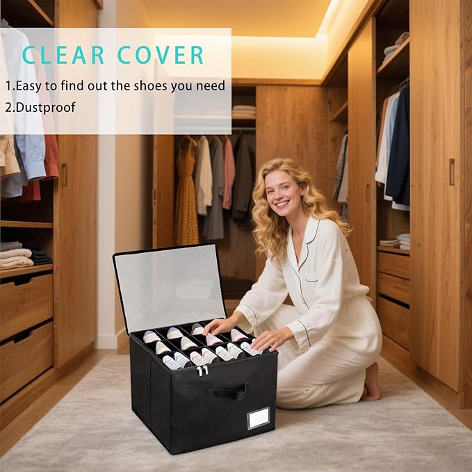 Shoe Organizer for Closet, Fits up to 12 Pairs, Foldable Shoe Storage Containers with Clear Cover, Large Adjustable Shoe Box Organizers, Space Saving Shoes Holder