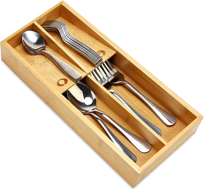 Small Bamboo Silverware Organizer for Drawer Utensil Tray Wood Cutlery Organizer Holder Narrow Flatware Caddy Wooden Kitchen Utensil Cutlery Drawer Skinny Fork and Spoon Silverware Organizer Tray