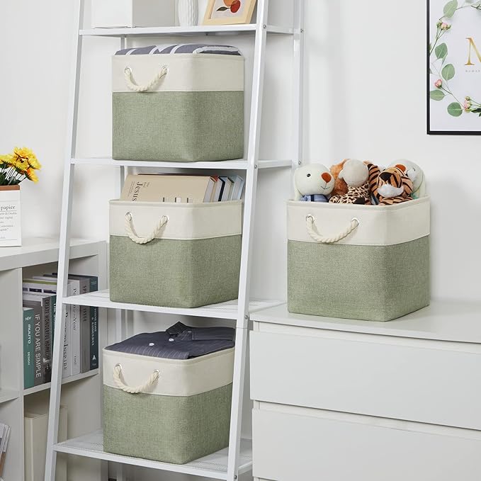 Temary Cube for Shelves 11 Inch Bin 4Pack Fabric Storage Baskets for Organizing Toys, Clothes, Decorative Baskets with Rope Handles (White&Green)