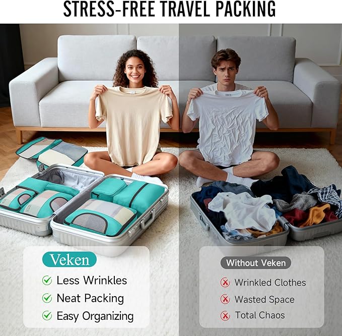 Veken 8 Set Packing Cubes for Travel Essentials, Suitcase Organizer Bags in 4 Sizes, Carry-On Luggage Accessories with Large Laundry & Hanging Toiletry Bag, Must-Have for Airplane, Road Trip & Camping