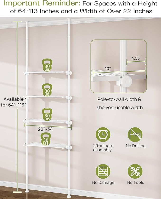ALLZONE Adjustable Over The Toilet Storage Shelf, 4-Tier Ample Over Toilet Bathroom Organizer and Storage,Tension Mounted Above Toilet Storage Cabinet for Versatility, Fits 64-113 Inch Heights, White