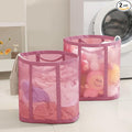 Mesh Bag with Handles, Collapsible Laundry Basket, Foldable Laundry Bag, Breathable Folding Beach Bag,Space-saving Travel Tote Bags (2, Pink)