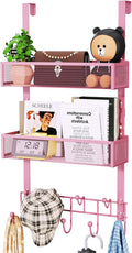 HapiRm Over The Door Hanger with Coat Hooks and 2 Baskets, Rustproof & Waterproof Pink Over The Door Hooks, Storage Organizer for Hats, Bathroom, Kitchen, Bedroom - Pink