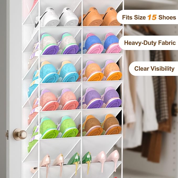 20-30 Pairs Over the Door Shoe Organizer, Clear Pockets Hanging Shoe Storage for Closet, 10-Tier Door Shoes Rack, Handing Shoes Holder Fit All the Family's Sneakers, Boots, Heels, White