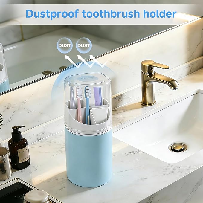 Johehe Toothbrush Organizer with Cover,4 Slots for Bathroom Toothbrush Holders,Dustproof Design,with Wall Mounted,Electric Toothbrush Holder and Toothpaste Holder,Bathroom Countertop Storage