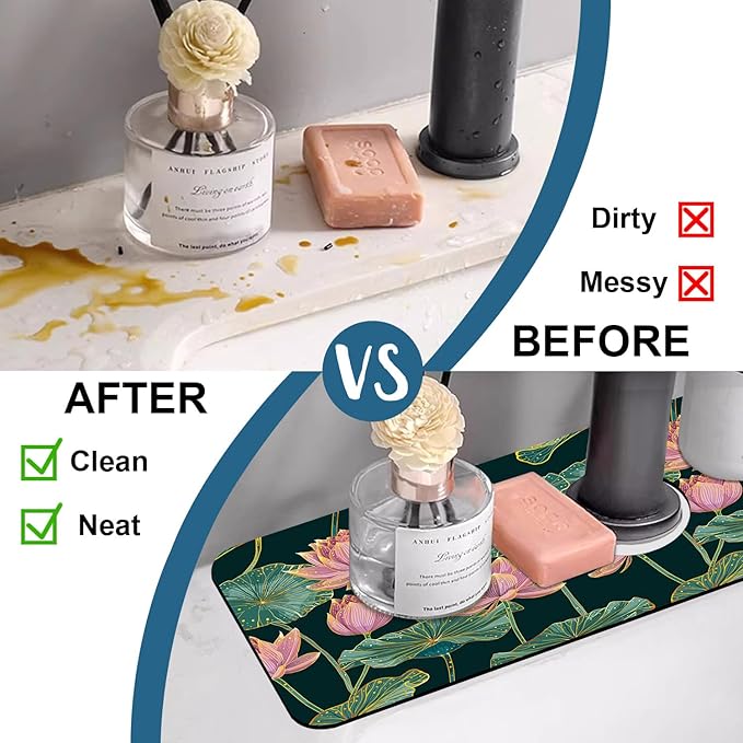 Lotus Pond Pattern Sink Splash Guard Faucet Mat Lotus Flowers Leaves Super Absorbent Fast Drying Mat Sink Gadgets-Splash Guard Behind Faucet Drip Catcher for Kitchen Bathroom, 15.5"x5.5"