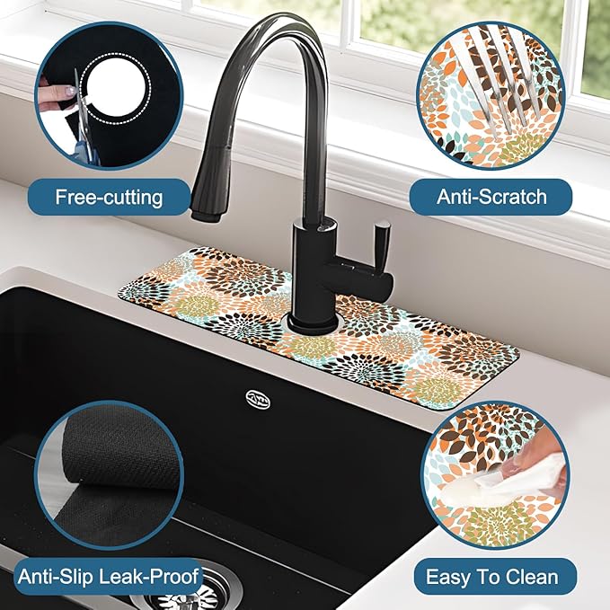 Vintage Flowers Kitchen Sink Splash Guard Faucet Mat Abstract Floral Super Absorbent Fast Drying Mat Sink Splash Guard Behind Faucet for Kitchen Bathroom, 15.5"x5.5"