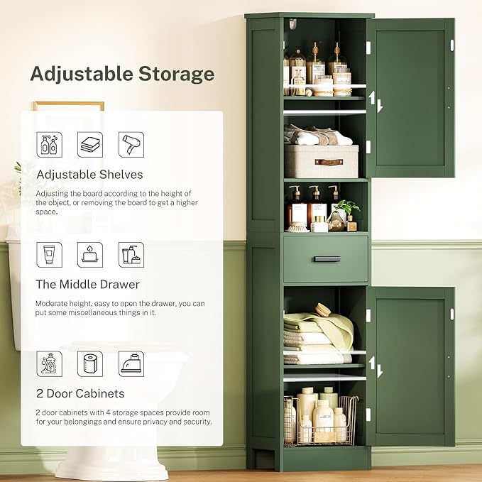 TEENFON 67" H Tall Bathroom Storage Cabinet with Barn Doors and Drawer, Narrow Bathroom Cabinet, Narrow Storage Unit, Adjustable Shelves, Floor Cabinets for Living Room, Forest Green UNSNG091V