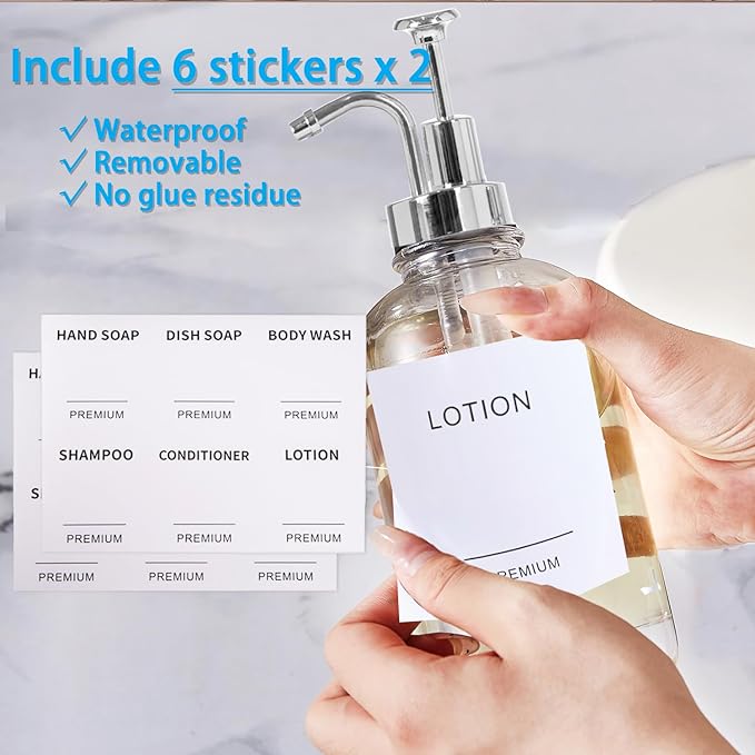 Dish Soap Dispenser for Kitchen, Hand Glass Soap Dispenser Set with Pump, Tray, Funnel for Bathroom, Shower, Laundry, Liquid, Lotion (Silver 2 Pack 18 Oz Clear Bottles with 12 Stickers)