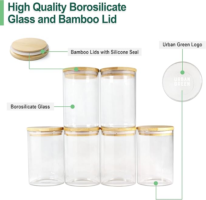 Urban Green Glass Jars with Airtight Lids, Airtight Glass Canisters with Locking Lids, (Bamboo-20oz)