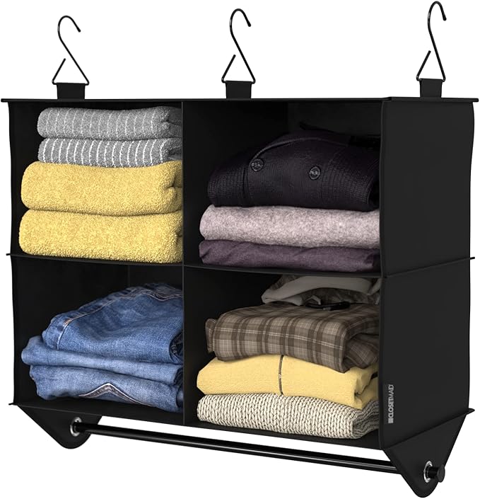 ClosetMaid 4-Shelf Fabric Hanging Closet Organizer with Garment Rod for Shirts, Sweaters, Pants, Hats, Shoes, Purses with Charcoal Black Finish