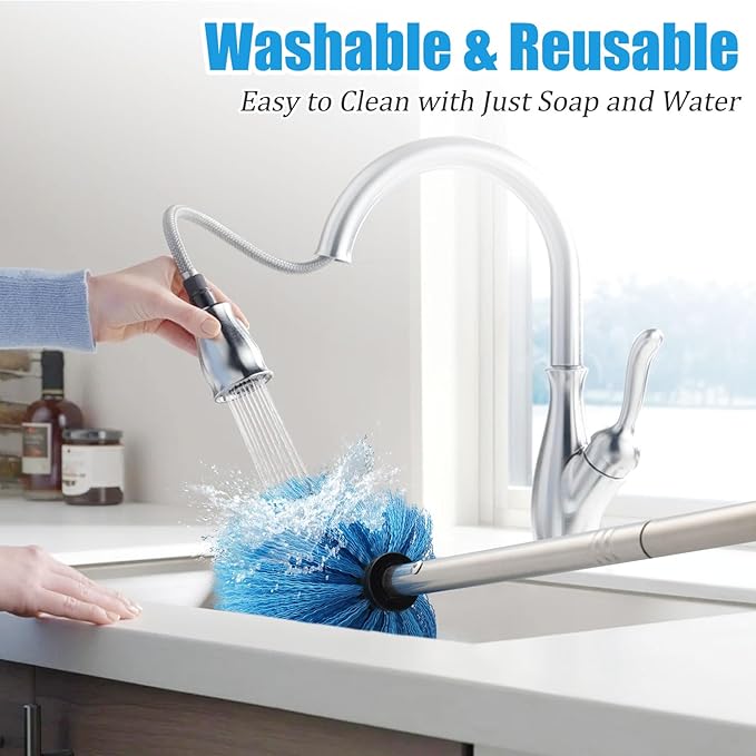 Cobweb Duster with Extension Pole, 8 FT Long Duster for High Ceilings, Walls, Medium Stiff Bristles Cobweb Brush with Lightweight Stainless Steel Pole for Outdoor Indoor Cleaning