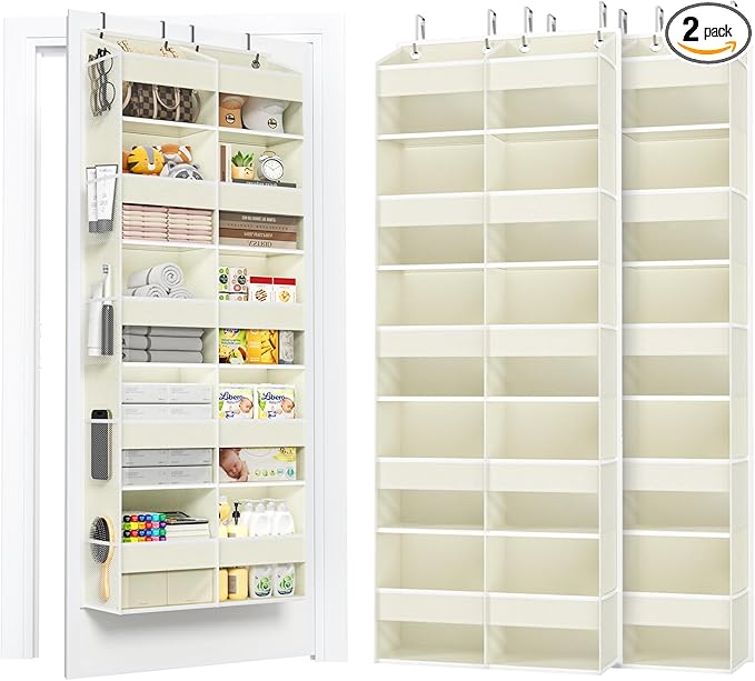 PureSpace 2 Pack 5-Tier Over The Door Organizer with 10 Side Mesh Pockets & Clear Windows, 80 lb Weight Capacity Hanging Storage for Bedroom, Nursery, Kitchen, Organize Toys, Shoes, Diapers(Beige