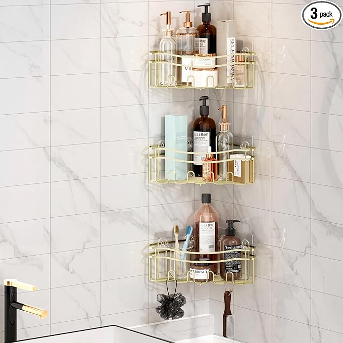Gold corner shower caddies with depth caddy and Built in 12 hooks rustproof wall mounted No drilling No marring adhesive bathtub corner organizer for bathroom kitchen and laudry room