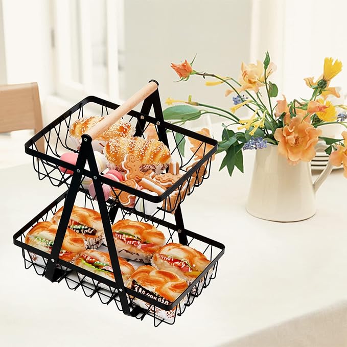 Dicunoy Metal Storage Basket with Handles, 2 Tier Wire Snack Organizer Bin for Office Cournertop, Rustic Black Basket for Home, Kitchen, Pantry, Fruit, Coffee, Pasta, Bathroom, Living Room