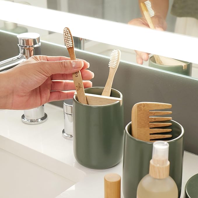 iDesign Ceramic Earth Collection Toothbrush Holder with Paulownia Wood Divider, Moss/Natural Wood