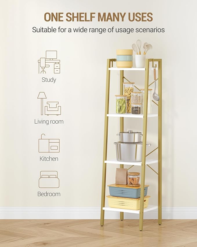 Ladder Shelf, Bookshelf Bookcase, Freestanding Corner Storage Shelve with 2 Hooks for Home Office, Living Room, Kitchen, Bedroom, Industrial, 11.8" D x 13.4" W x 47.2" H, White Gold BC13213G