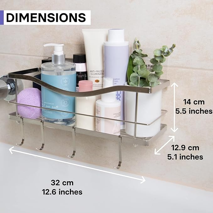 iLikeNew Luxury Multipurpose Storage Caddy, 12.75W x 5D x 5H inches, 4 Hooks, Peel and Stick, Rustproof Stainless Steel, Shower Organizer, Under-Sink, Spice Rack Wall Shelf (1)