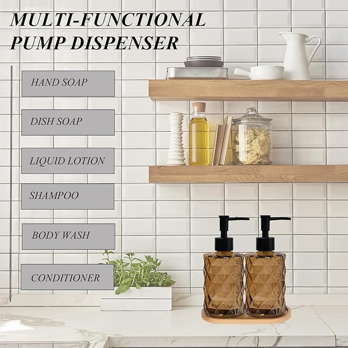Glass Hand and Dish Soap Dispenser Set of 2 with Plastic Pumps, Bamboo Tray, 12oz Brown Bathroom Soap Dispenser with Diamond for Hand Wash & Dish Wash, Ideal for Bathroom Kitchen Countertop