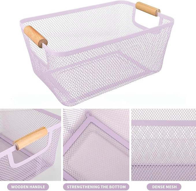 Metal Mesh Steel Basket, Large Wire Storage Organizer Basket Multi-function Hanging Kitchen Baskets with Wood Handle for Kitchen Bathroom Picnic Home, Rectangle-Purple