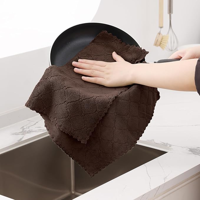Homaxy 12 Pack Dish Towels for Kitchen (13 x 19 Inches, Brown), Super Soft and Absorbent Coral Velvet Dish Cloths for Washing Dishes, Nonstick Oil Fast Drying Microfiber Cleaning Cloth