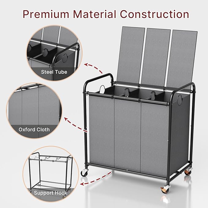 3-Compartment Laundry Cart with Lockable Wheels & Lid 180L Large Wheeled Laundry Basket Heavy-Duty Sorting Organizer for Laundry Room (Grey)