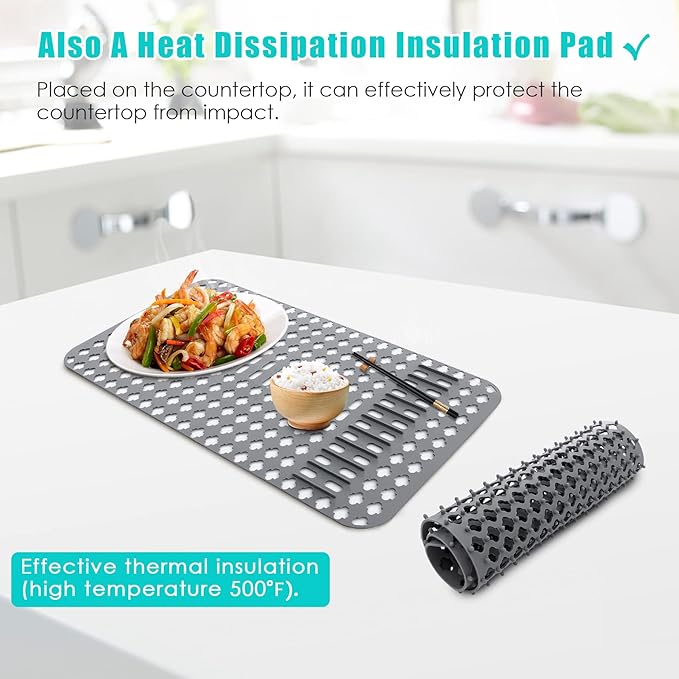 Kitchen Mat, Protectors for Sink 25"x13" Non-Slip Folding Grates for Bottom of Farmhouse Stainless Steel Porcelain Sink, DIY Silicone Can Be Cut to Any Size Grey-1 PCS