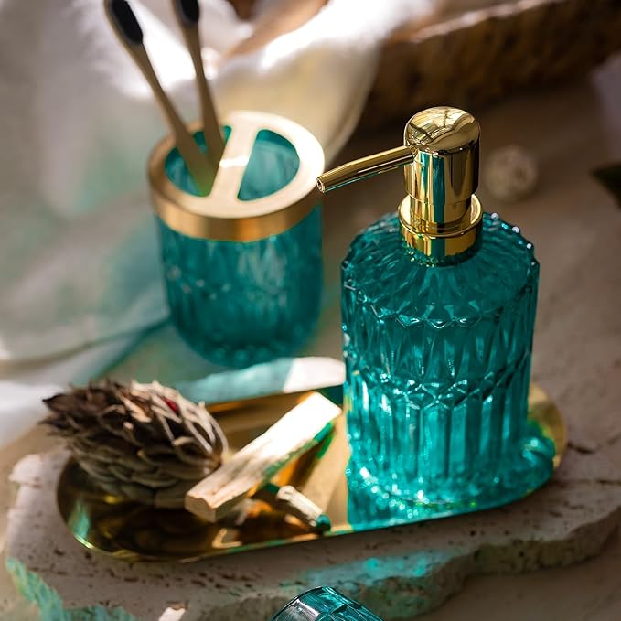 EMPO Clear Glass Soap Dispenser with ABS Plastic Pump, Crystal Lotion Dispensers for Kitchen Sink, Bathroom (Ocean Teal)