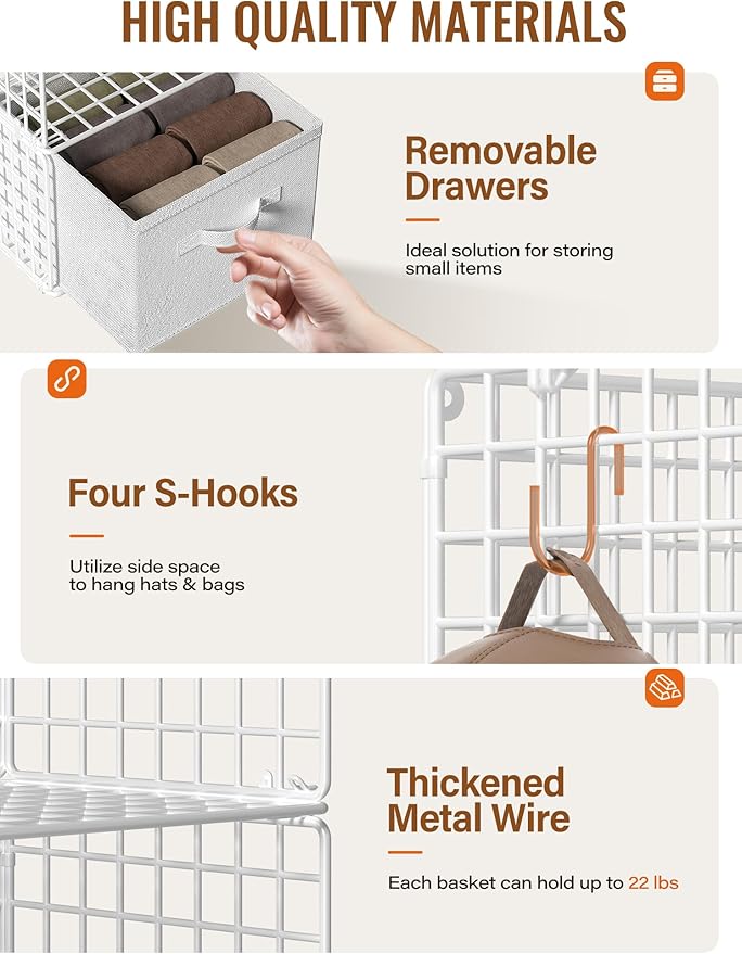 Closet Hanging Organizer with Drawers, 6 Tier Metal Closet Organizers and Storage with 4 Hanging Hooks 4 S-Hooks for Wardrobe Laundry Room, Wire Storage Shelf for Clothes Sweaters Pants (White)
