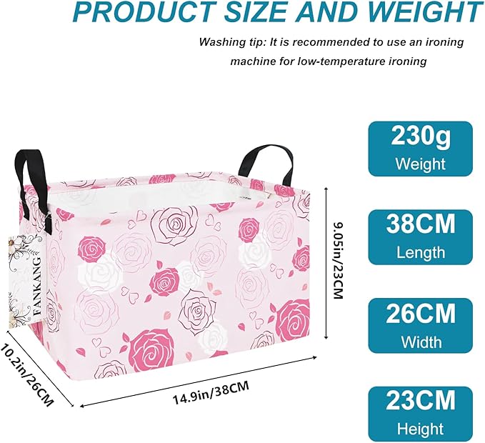 FANKANG Storage Bins, Nursery Hamper Canvas Laundry Basket Foldable with Waterproof PE Coating Large Storage Baskets for Kids Boys and Girls, Office, Bedroom, Clothes,Toys(Rec-Pink roses ）