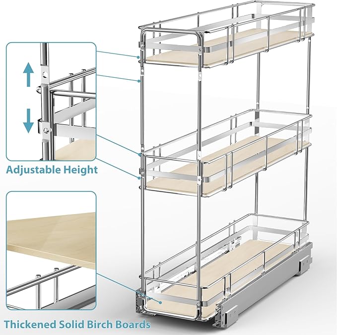 Pull Out Spice Rack Cabinet Organizer 6" W x 20½" D, 3 Tier Heavy Duty Slide Out Wood Shelf for Narrow Cabinet, Pull Out Storage for Kitchen