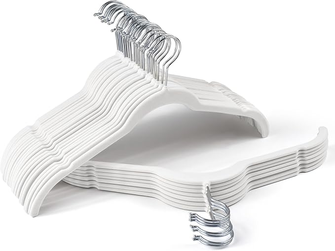 Sishynio Premium Velvet Shirt Hangers 30 Pack, Non-Slip 360° Swivel Hook Slim Felt Hanger, Space Saving Flocked Hangers for Tank Tops, Blouses, Strappy Dresses(White)