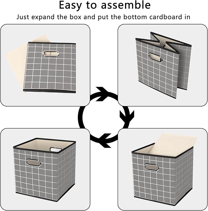 Yunkeeeper storage bins Cubes, Fabric Cube Organizer with Handle, Foldable Cube Bins for Cloth or Accessary Storage, 11x11x11, Set of 3,(Grey grid)