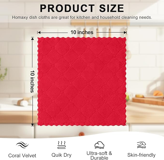Homaxy 12 Pack Kitchen Dish Cloths (10 x 10 Inches, Red), Super Soft and Absorbent Coral Velvet Dish Towels, Nonstick Oil Fast Drying Microfiber Cleaning Cloth, No Lint Household Dishcloths