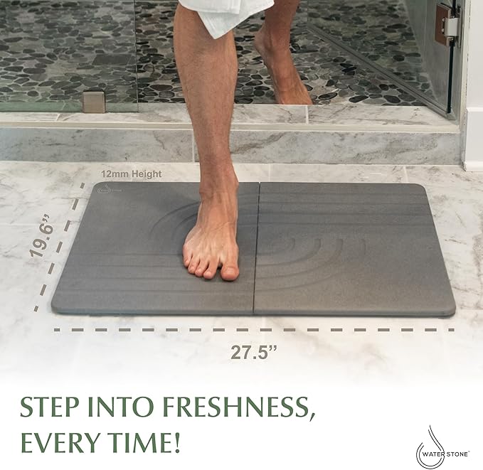 Water Stone Bath Mat, Quick-Dry Bathroom Rug, Gray Standard Size (27.5" x 19.6"), Eco-Friendly, Non-Slip, Absorbent, Modern Design for Safe & Clean Bathroom Floor