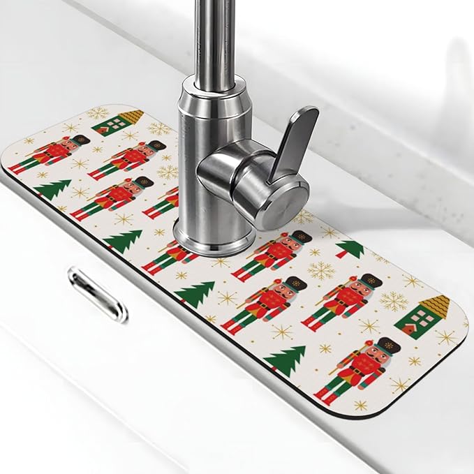Nutcracker Christmas Tree Snowflakes Kitchen Sink Splash Guard Faucet Mat Super Absorbent Fast Drying Mat Sink Gadgets-Fast Drying Pad Sink Mat For Kitchen Bathroom (15" X 5.5" )